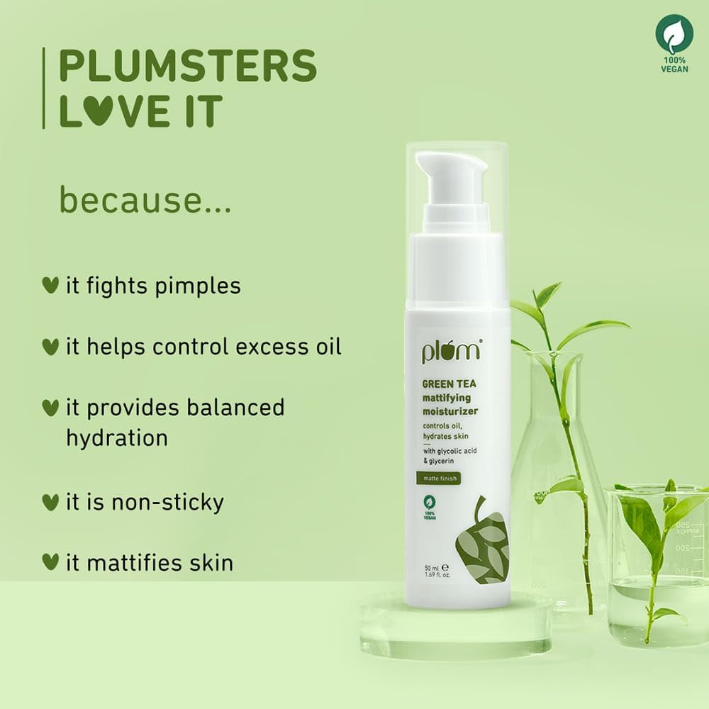 Plum Green Tea Mattifying Moisturizer Cream For Face | 100% Vegan | 50ml